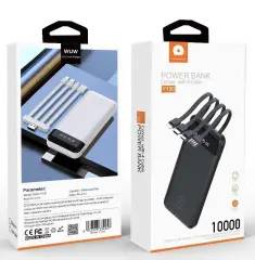 باور بانك سعة 10000 مللي أمبير في الساعة باللون الأسود والأبيض مع 4 كابلات مخرج USB+Lightning+Type C+Micro