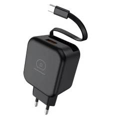 20W Power Adapter with Retractable Type-C Cable and USB Port EU Plug
